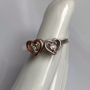 Ring with Silver and Gold Hearts and a Small Diamond in Each Heart Size 6.5